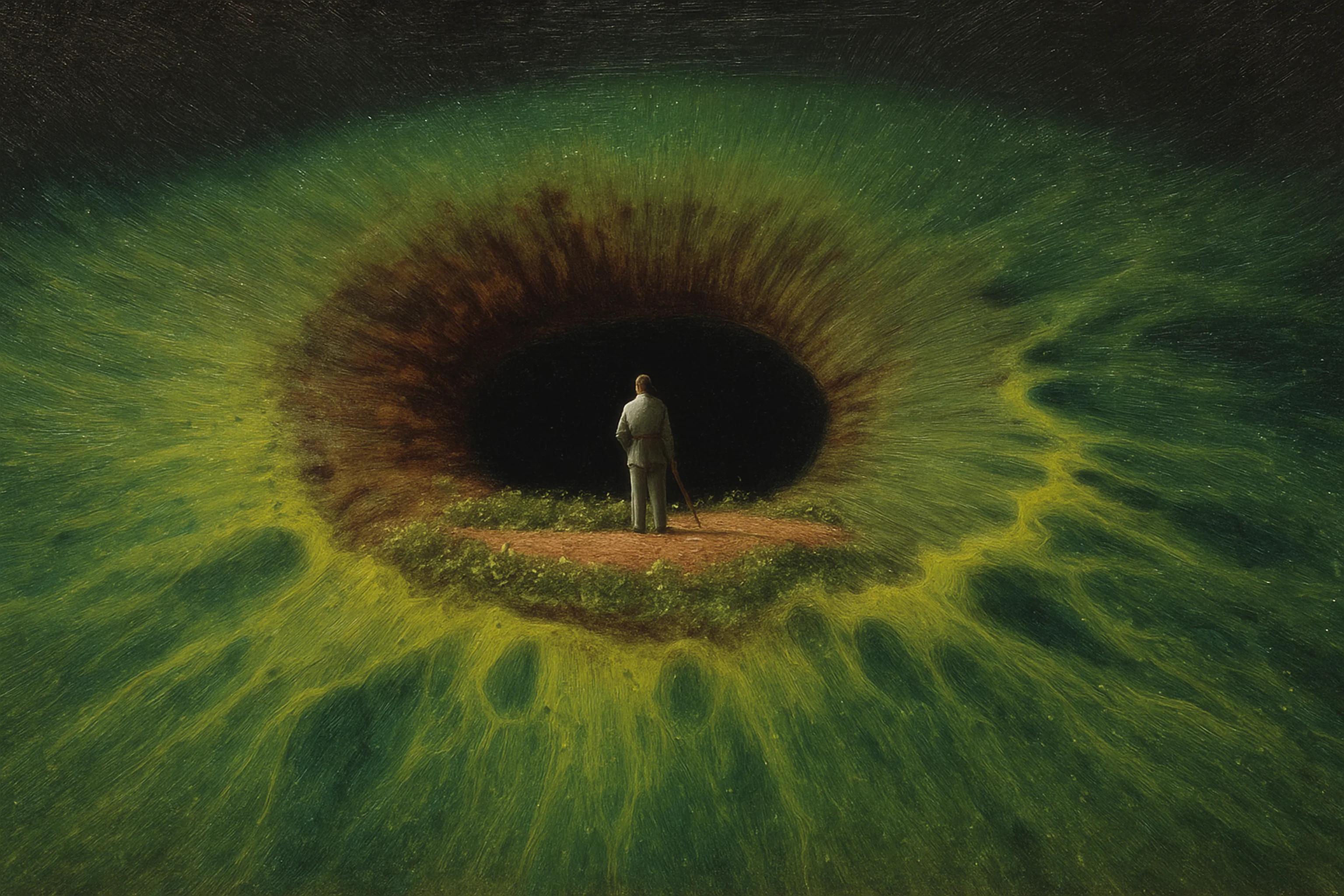 Painting of a small figure standing at the edge of a giant green iris